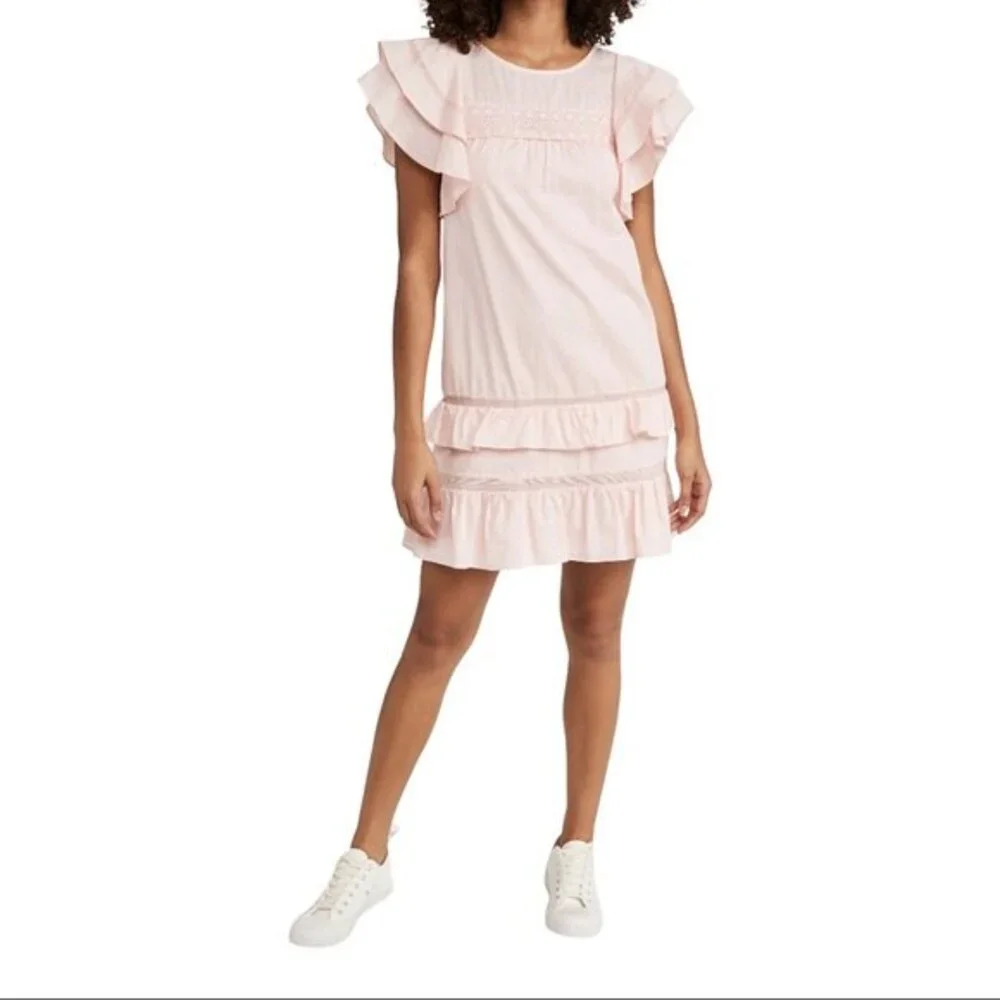 Rebecca Minkoff Pink Ilana Short Flutter Sleeve Crochet Trim Tiered Mini Dress - Picture 1 of 14